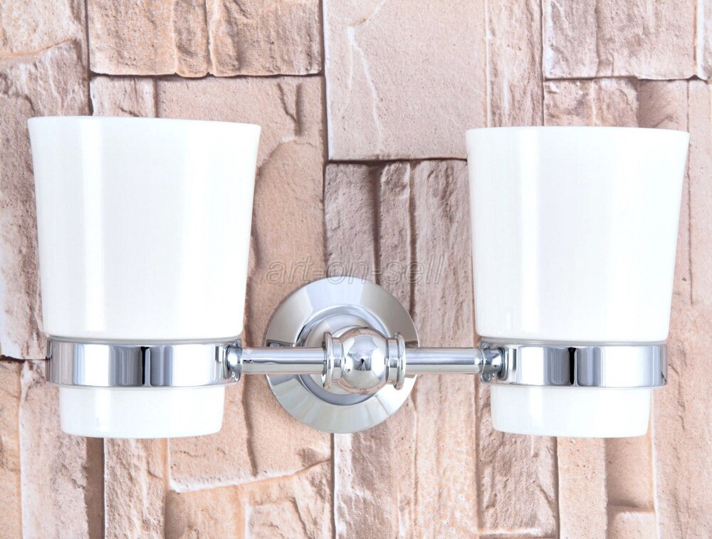 Toothbrush Holder Double Wall Mount Ceramic Cup Accessory Chrome Finish aba798