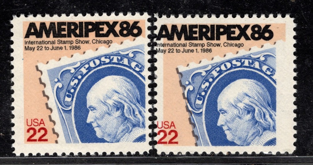 Perfectly Flawed EFO SN 2280 MDG Error - 22¢ Ameripex 86 - Dramatic Color Shift