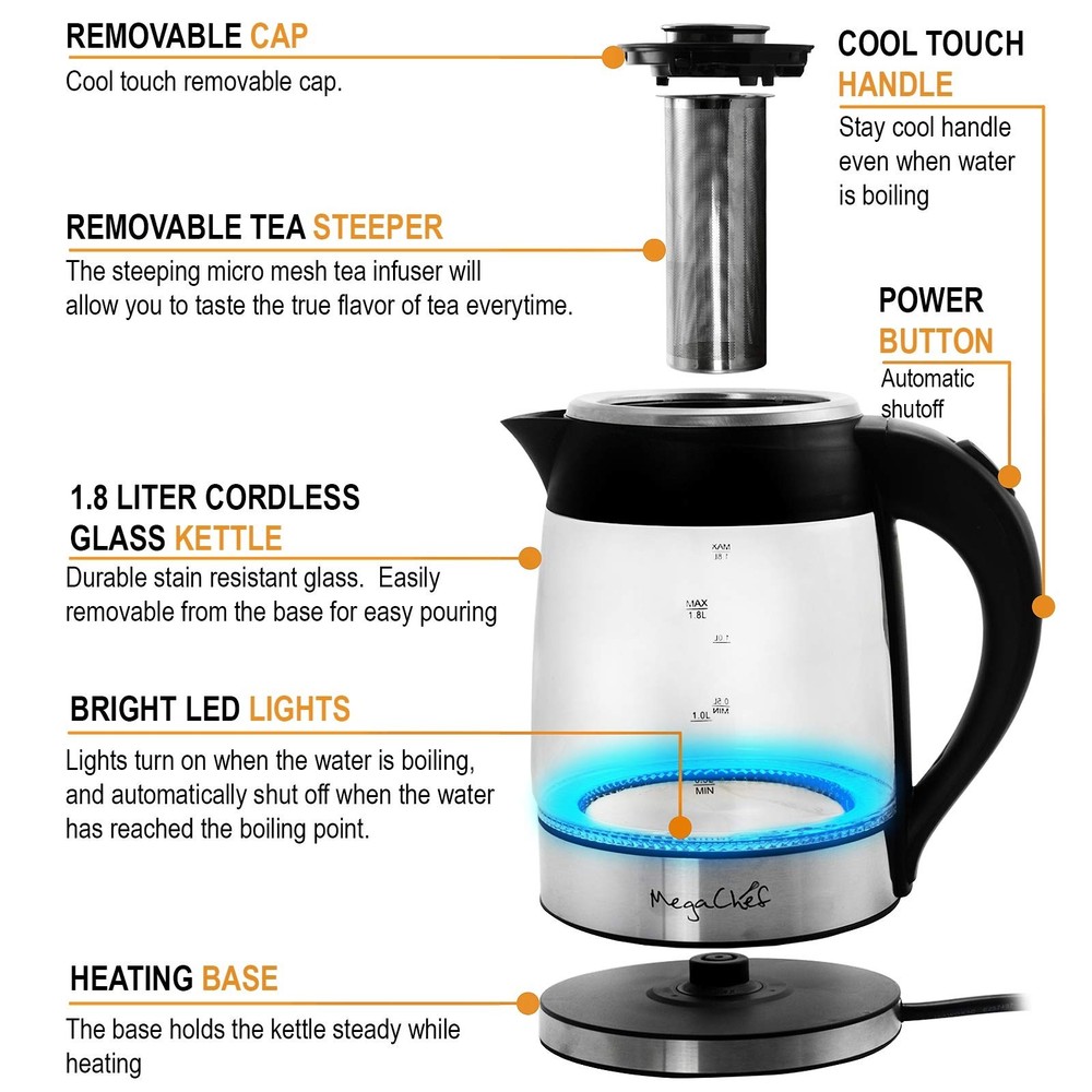 1.8Lt. Glass Body and Stainless Steel Tea Kettle with Tea Infuser