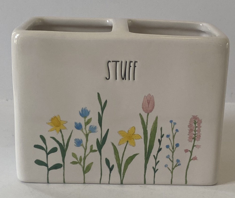 Rae Dunn Floral "Stuff" Ceramic Divided Holder ~ Cup Toothbrush Paste ~ Floral