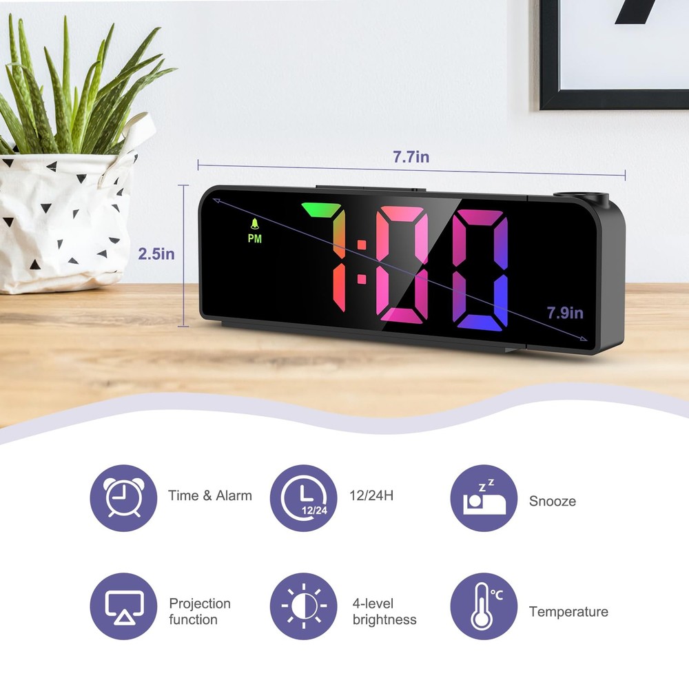 JXTZ Projection Alarm Clock, Clocks with Large, Black-colorful