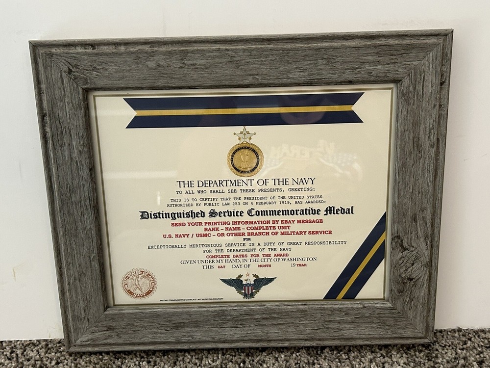 NAVY DISTINGUISHED SERVICE COMMEMORATIVE MEDAL CERTIFICATE ~ CUSTOM PRINTING T-1
