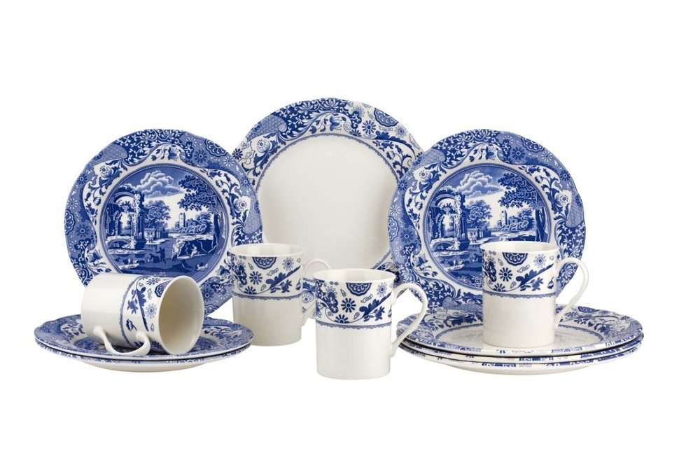 Spode Blue Italian Collection Brocato 12 Piece Dinnerware Set, Fine Earthenware