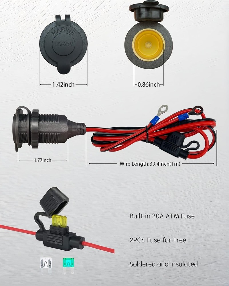 Durable 3FT Fixed Thread 12V Socket Extension with Built-in Safety Fuse