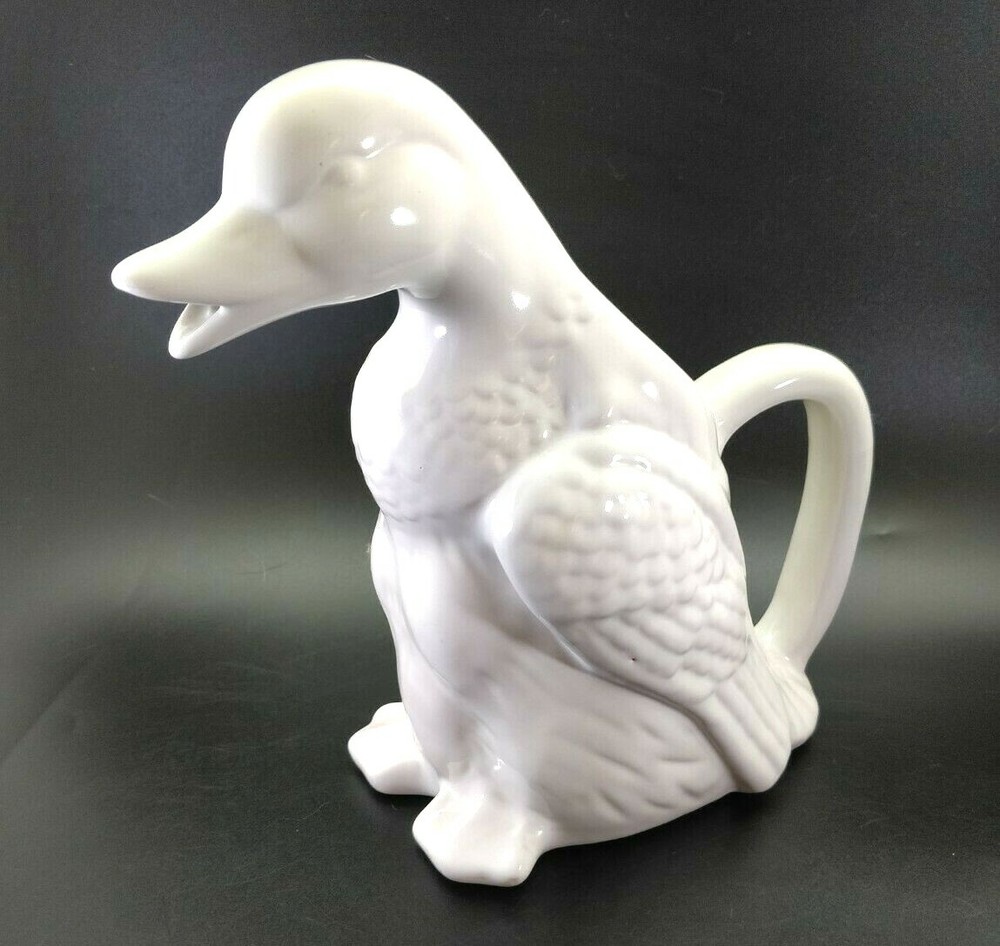 Vintage Ceramic White Duck Pitcher Pour Through Beak 9.5 in