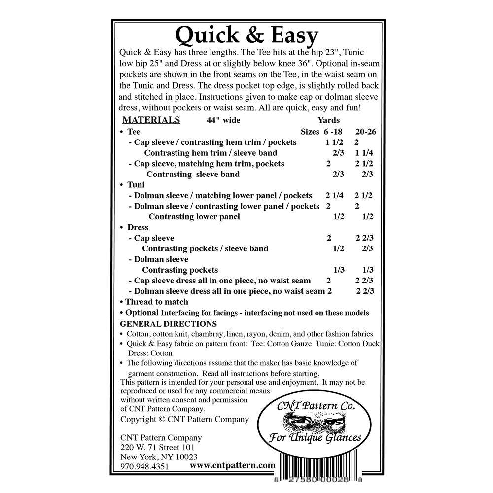 CNT Pattern Company Quick & Easy Tee, Tunic, Dress Pattern