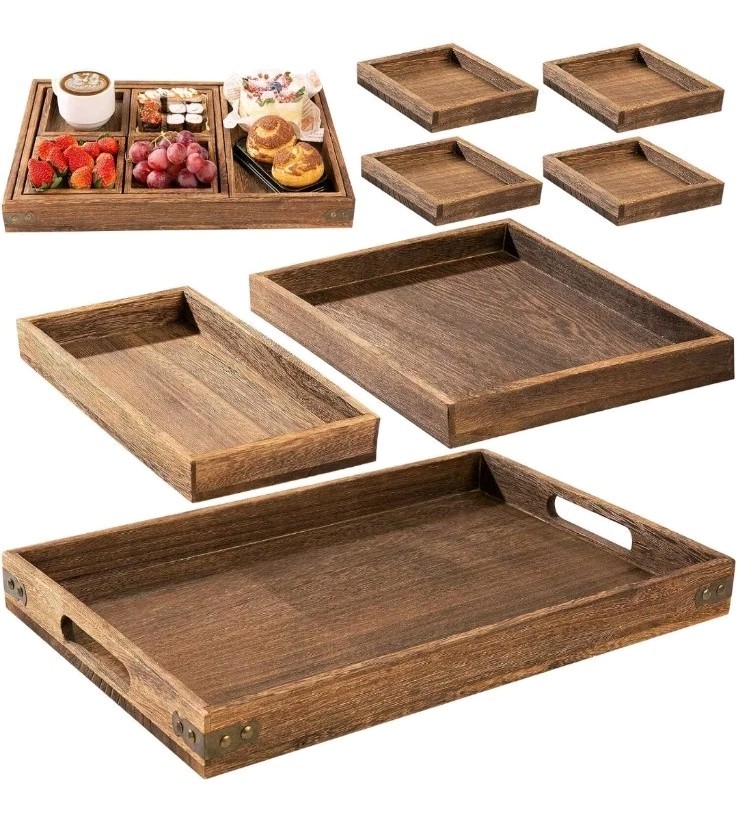 Rustic Wooden Serving Trays with Handle - Set of 7 Rectangular Platters