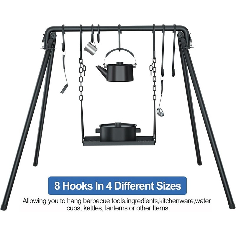 Heavy Duty Campfire Grill Swing Cooking Rack Adjustable Hooks Portable BBQ Set