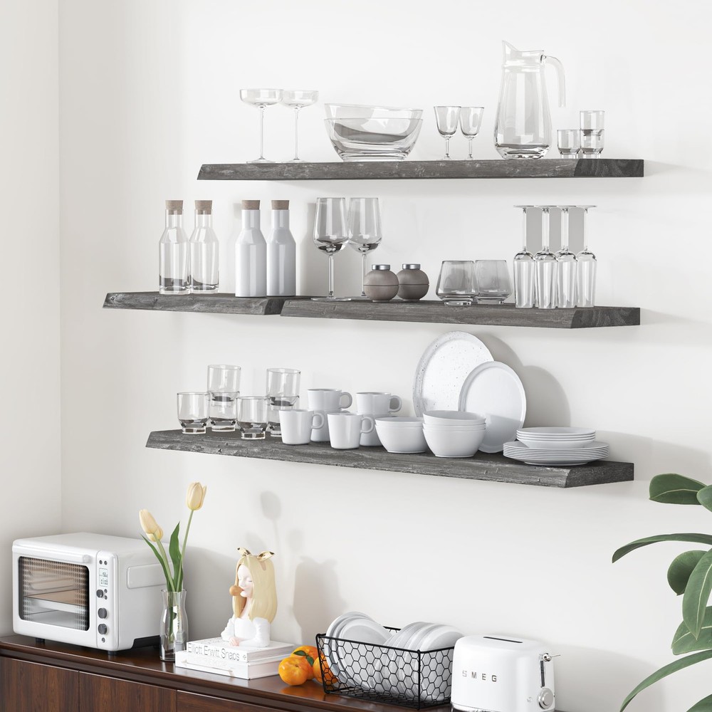 Floating Shelves for Wall, 55"x9.3" Rustic Solid Live-Edge Elm Wood Wall Shelves