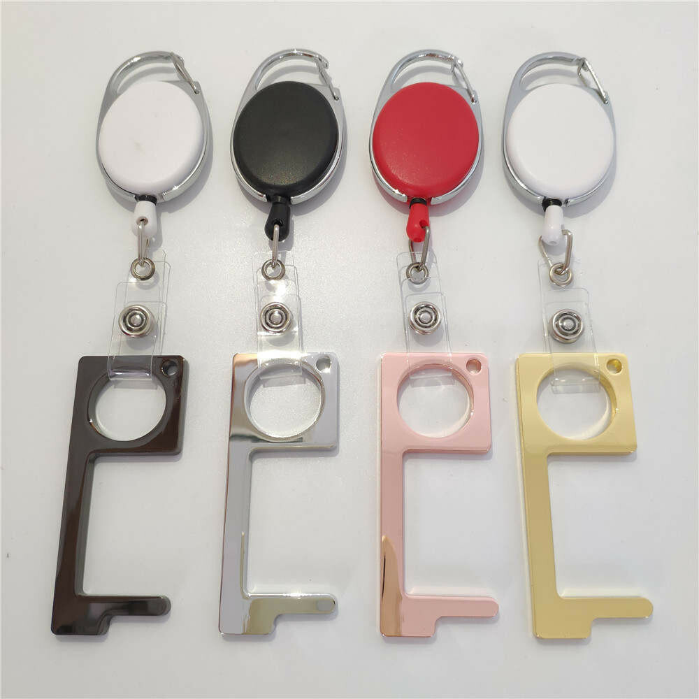 Contactless Brass Door Opener W/ Retractable Pull Reel Stepnpull Keychain SILVER