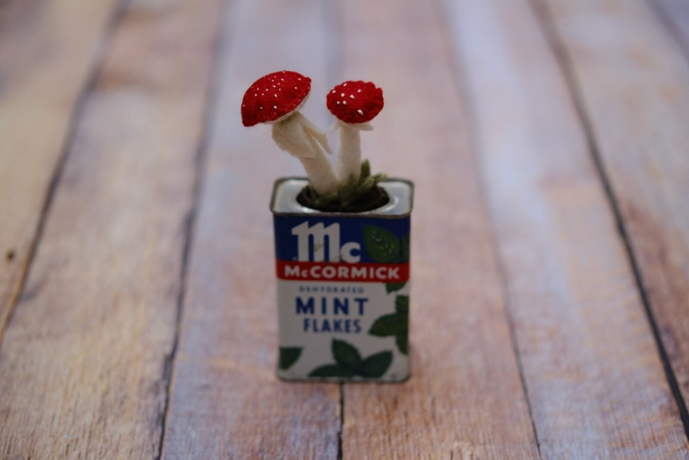 Felt Handmade Toadstool Mushroom in a Vintage McCormick Mint Flakes Tin