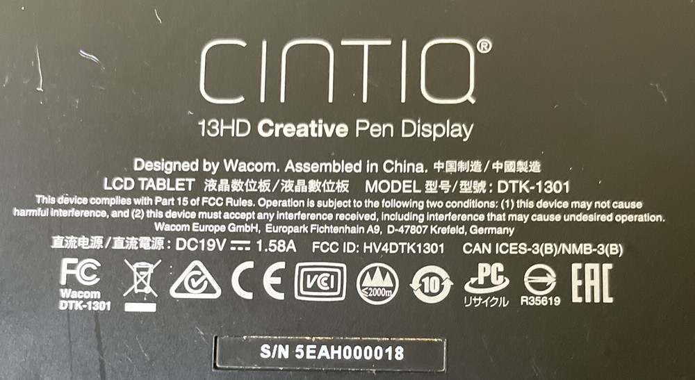 Wacom Cintiq 13HD Interactive Pen Display - Black (DTK-1301) - Untested