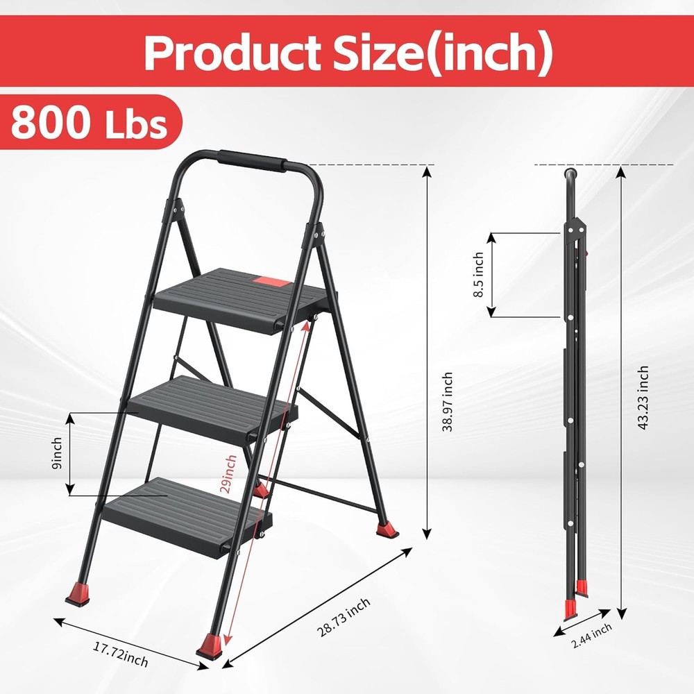 Step Ladder Foldable Folding Stool - for Home Adults Kitchen 3 3 Step, Red