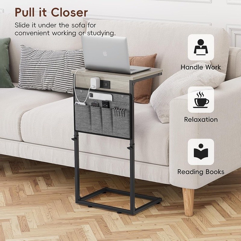 Height Adjustable C Shaped Side Table W/ USB Charging Station Storage Bag Couch