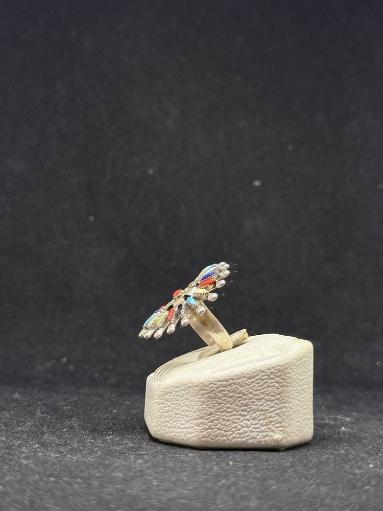 Native Zuni needlepoint multi color turquoise Sterling Silver Ring Size 8.5