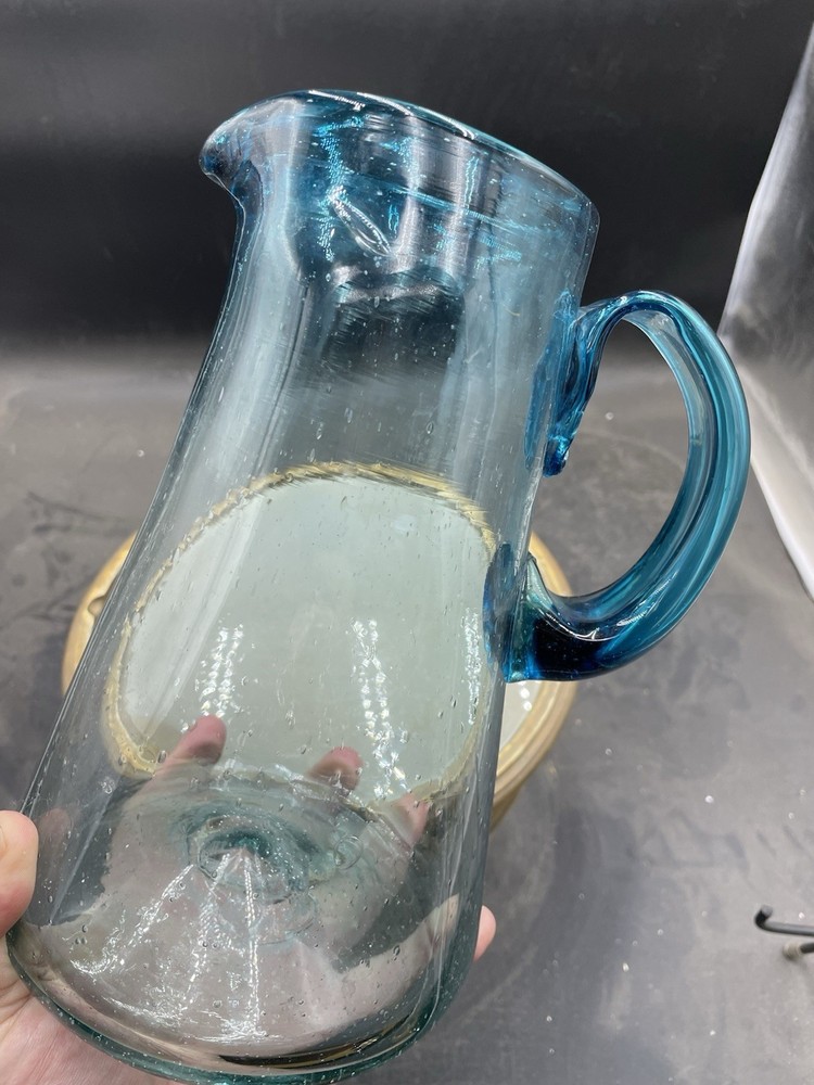 Vintage Hand Blown Blue Glass 9” Pitcher