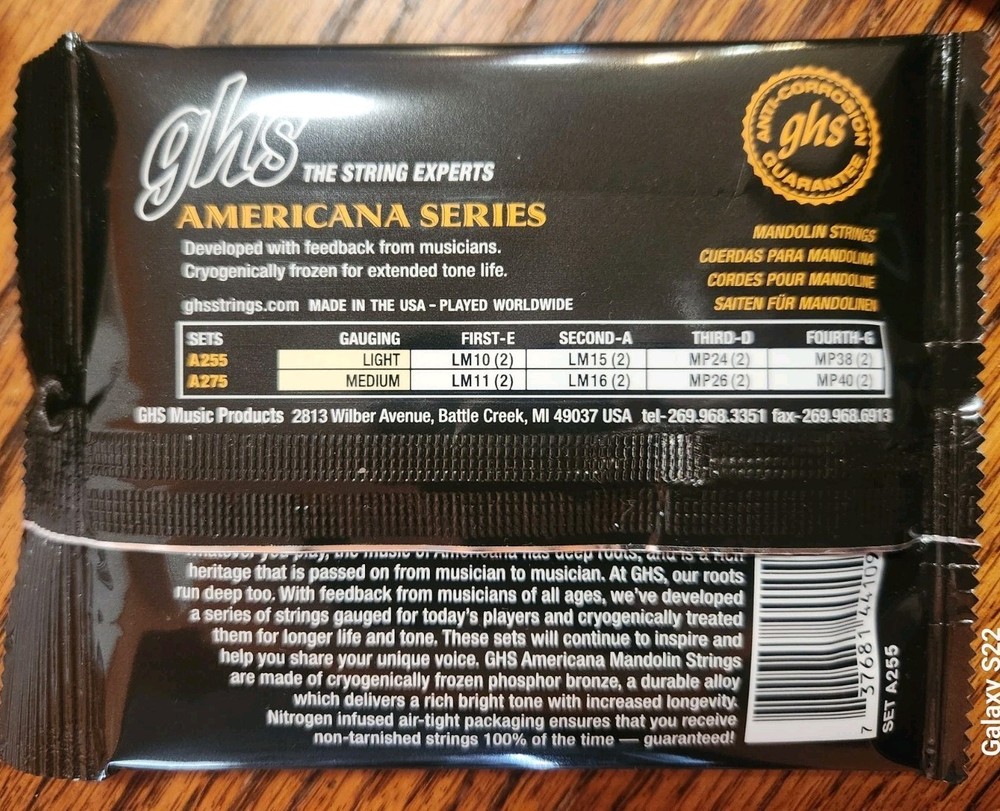 GHS A255 LIght Mandolin Strings Cryogenic Phosphor Bronze