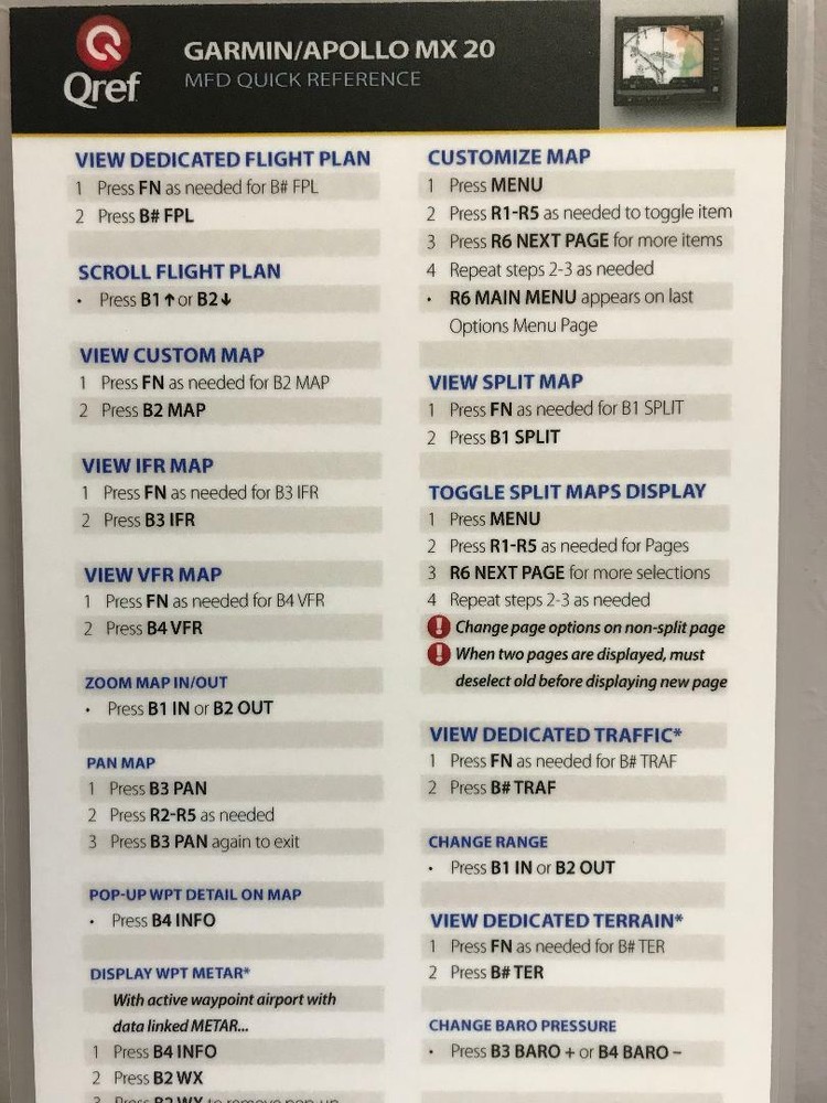 GARMIN / APOLLO MX 20 QUICK REFERENCE CHECKLIST CARD by Qref p/n GA-MX20-2