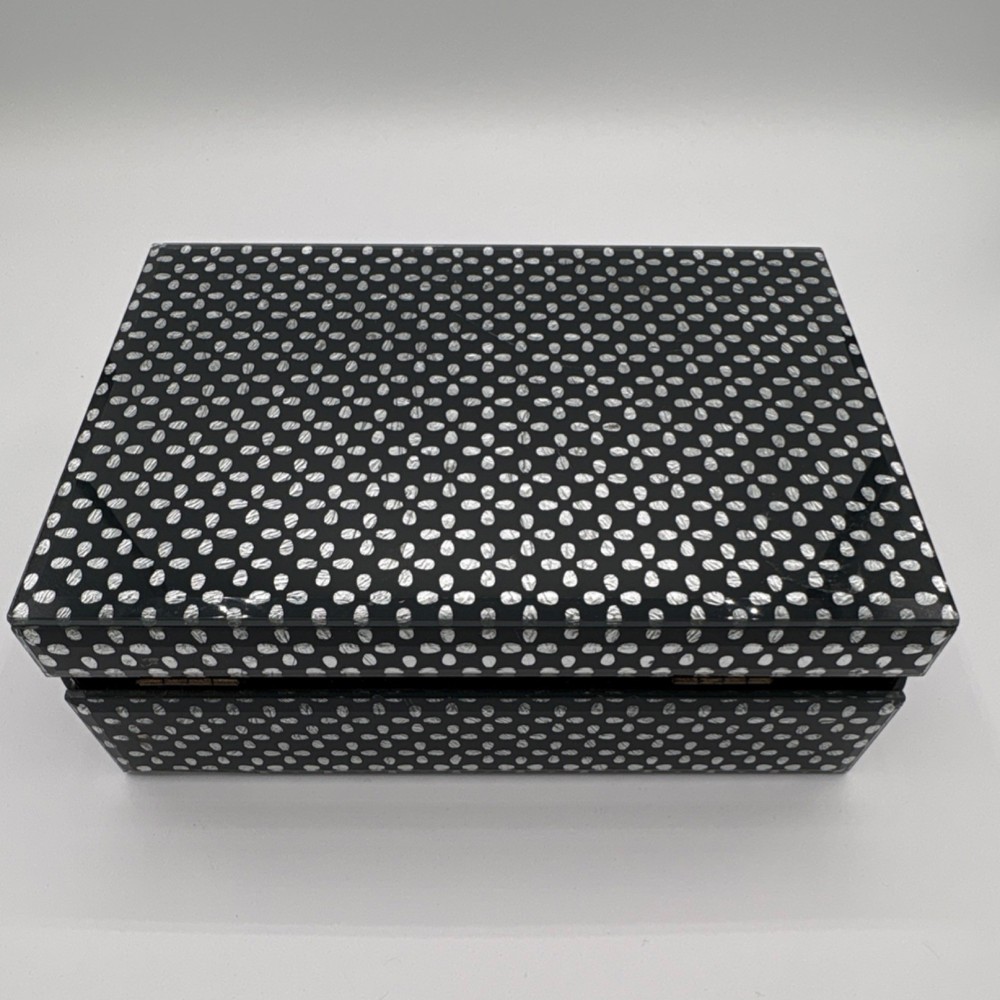 Black White Polka Dot Glass Lockable Decorative Box Medium Rectangular 9x6x3in