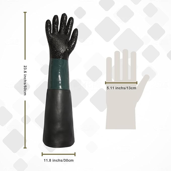 23.6"Sandblasting Gloves Double Layer Protective PU Rubber for Sandblast Cabinet