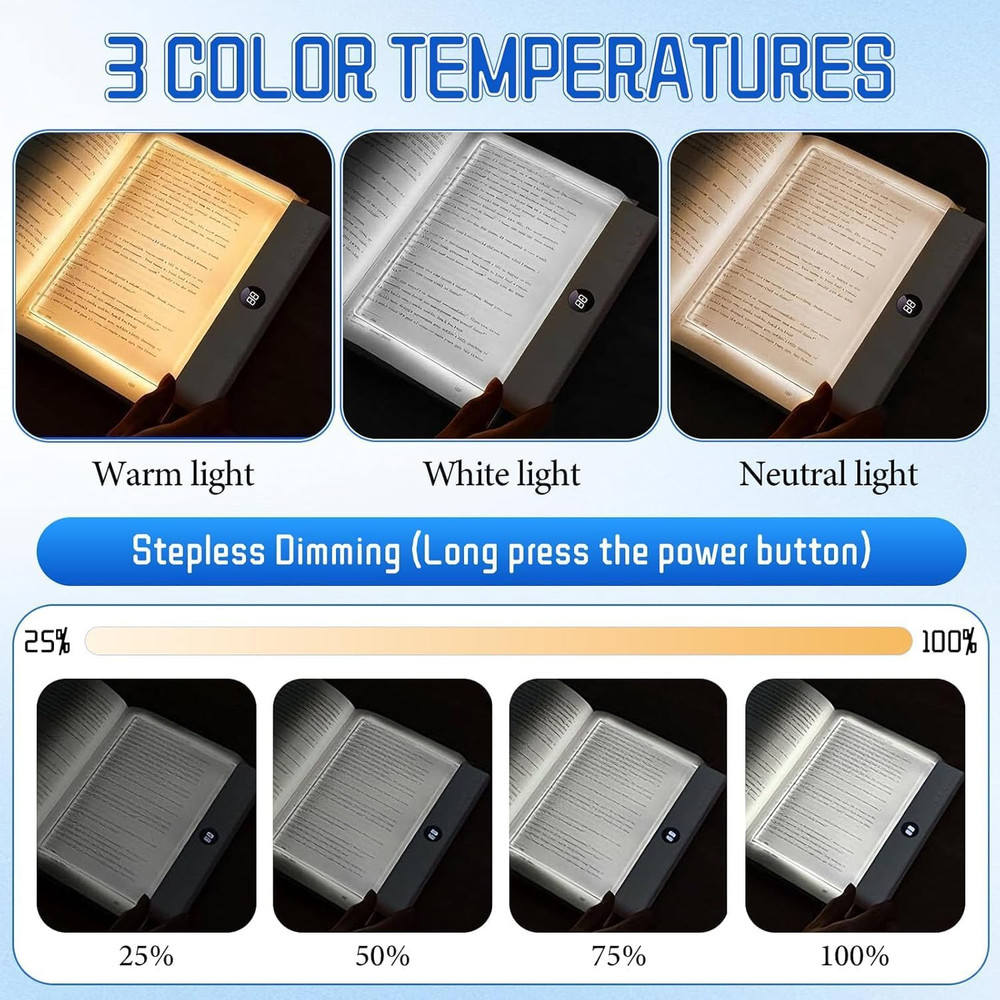 Rechargeable LED Book Light with 3 Colors, Timer, and Dimmable Panel