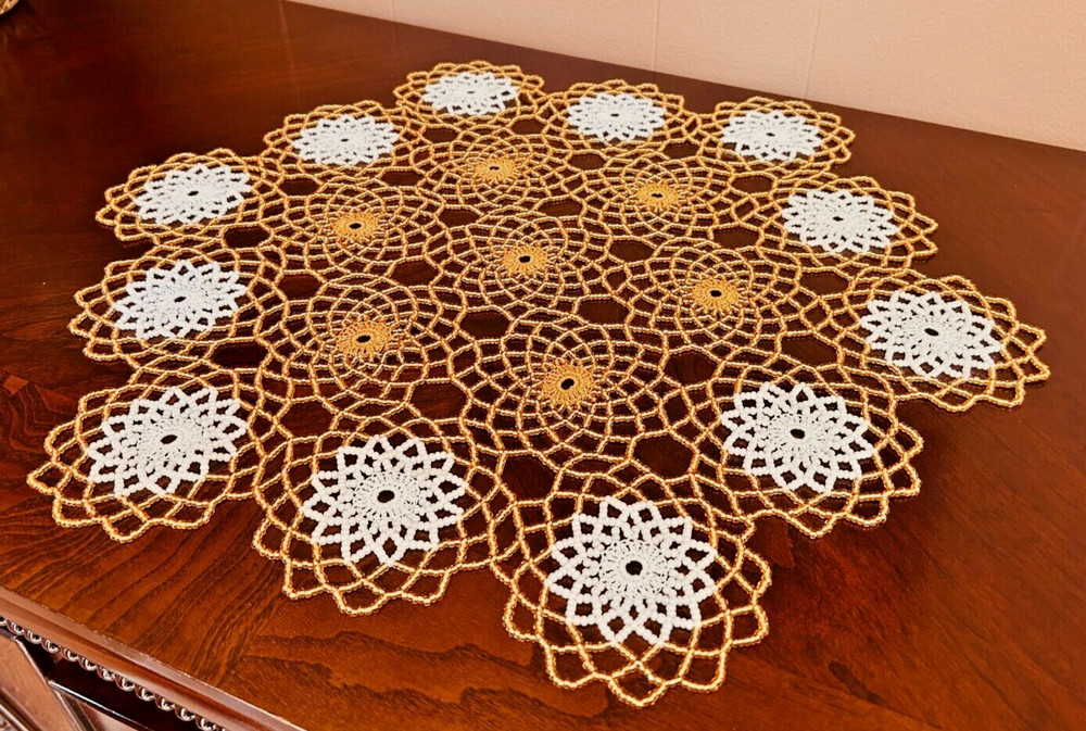GOLD & WHITE Crochet Beaded Doily 19" HANDMADE