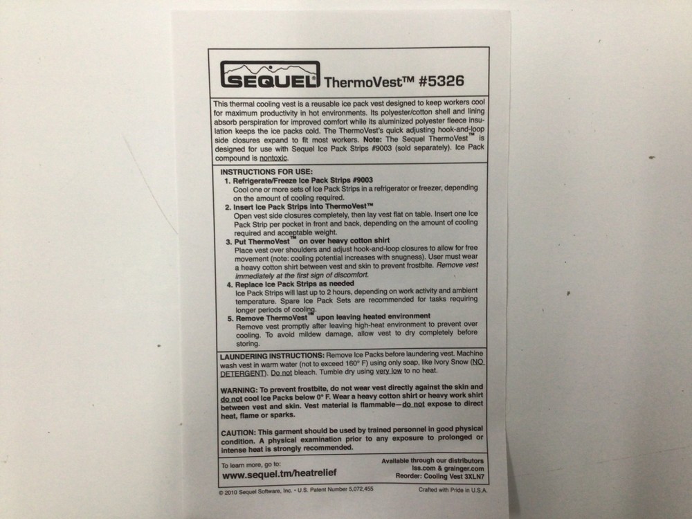 SEQUEL Cooling Vest 3XLN7 Cold Pack Inserts, Universal, Blue, Cotton/Polyester