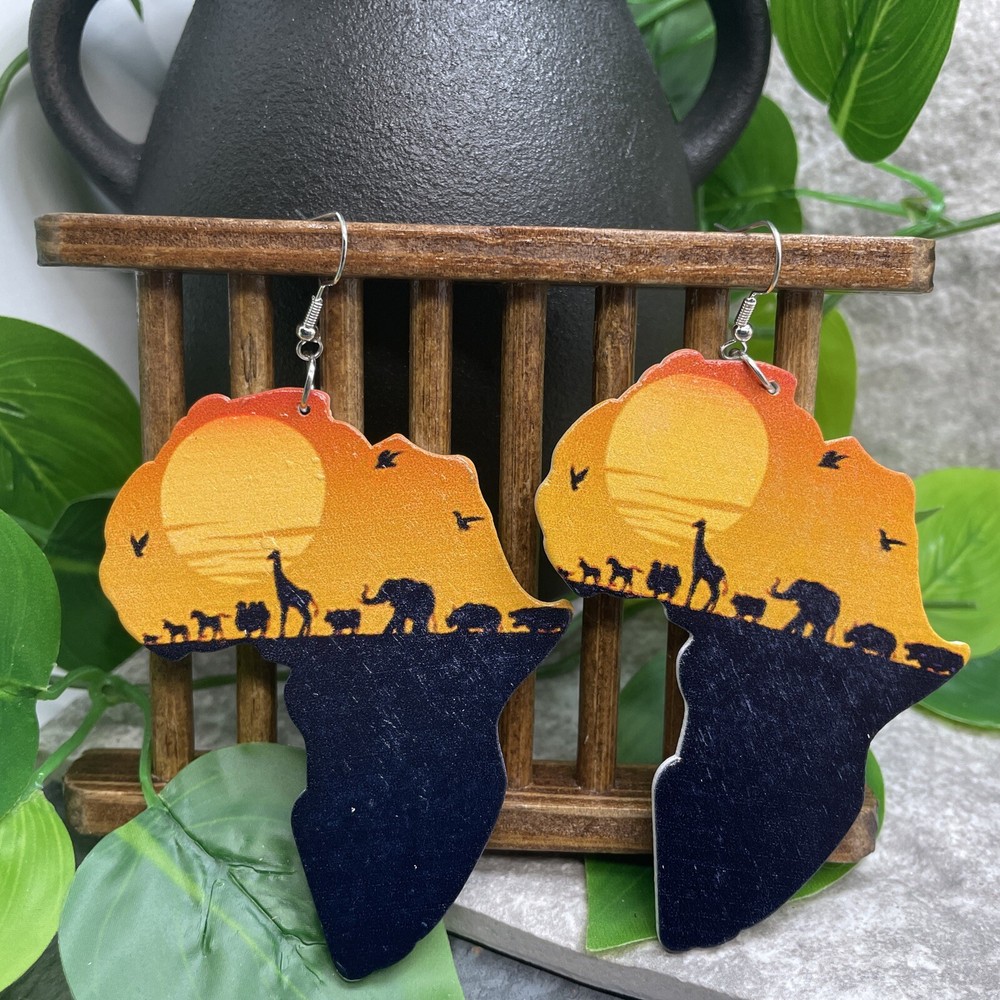 2” Silver-tone Earring Set Boho Retro Wood Dangle Juneteenth African A1396
