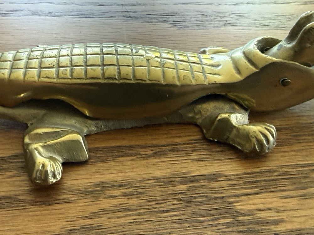 Vintage Solid Brass Alligator Crocodile Nutcracker MCM Figurine 10"