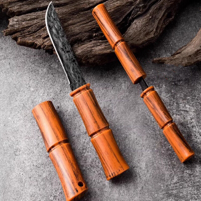 Portable Damascus Steel Fruit Knife with Bamboo Handle | Camping & Kitchen Use