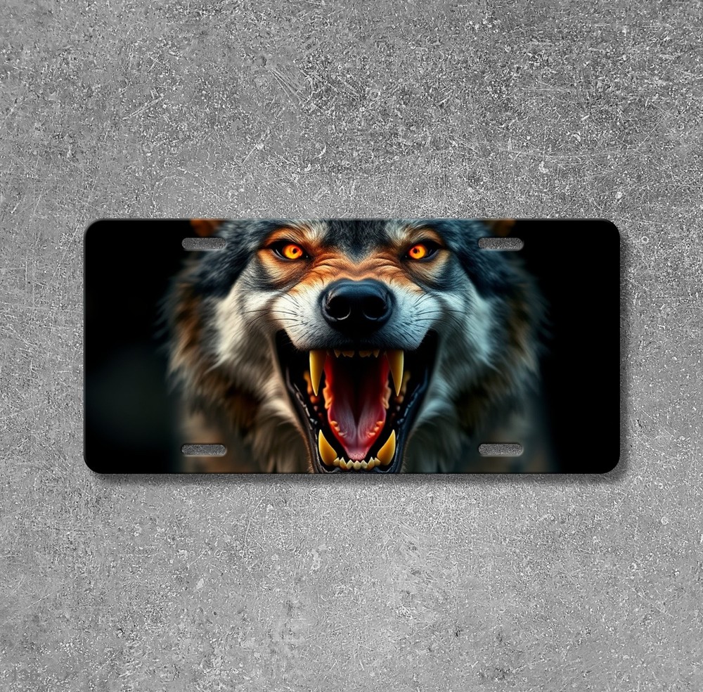 Aggressive Wolf License Plate with Sharp Teeth Optional Text Decorative Plate Bi