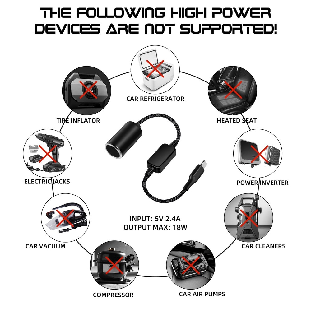 WYMECT USB C Male to 12V Cigarette Lighter Socket Adapter 18W Power Black