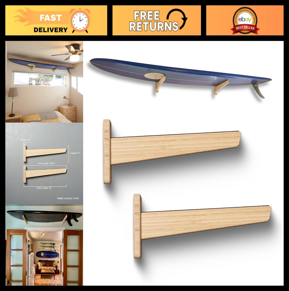 Surfboard Wall Mount Rack for Longboards & Shortboards - Bamboo Storage Display,
