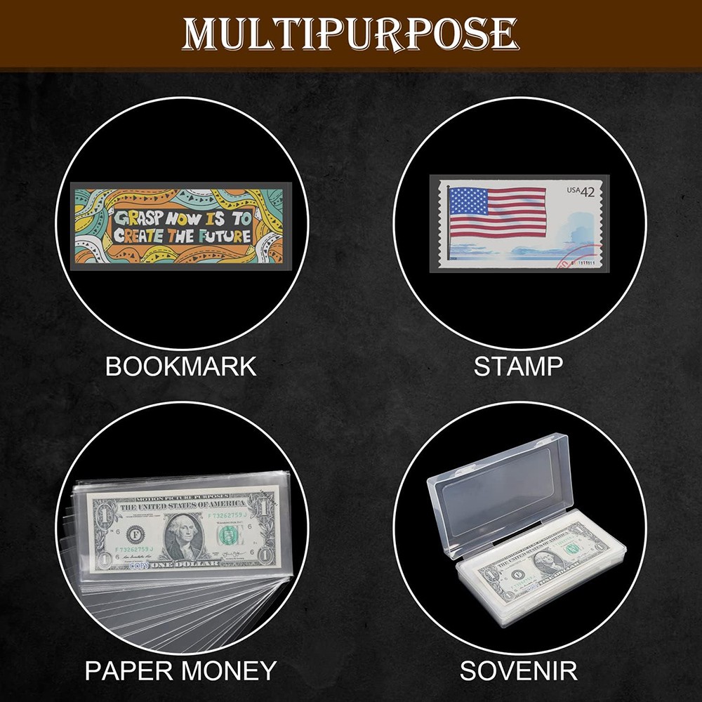200 Pack Dollar Bill Holder Clear Rigid Sideload Currency Sleeves + Storage Case