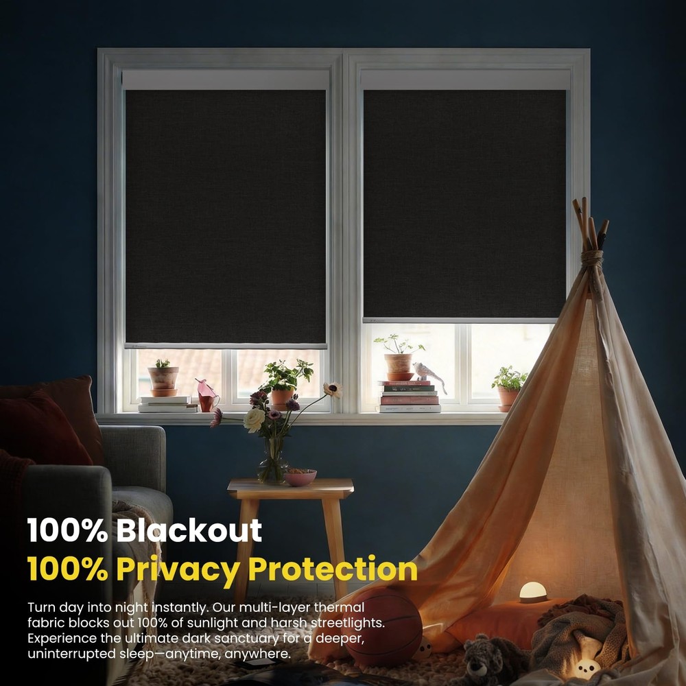Motorized Blinds No Drill Automatic for Windows 30"W x 72"H, Black