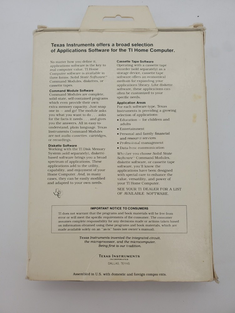 Texas Instruments Computer Software TI-99 Home Financial Decisions Tested