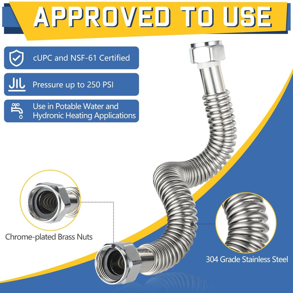 2-Pack Corrugated Flexible Stainless Steel Water Heater Connector,3/4" FIP x ...