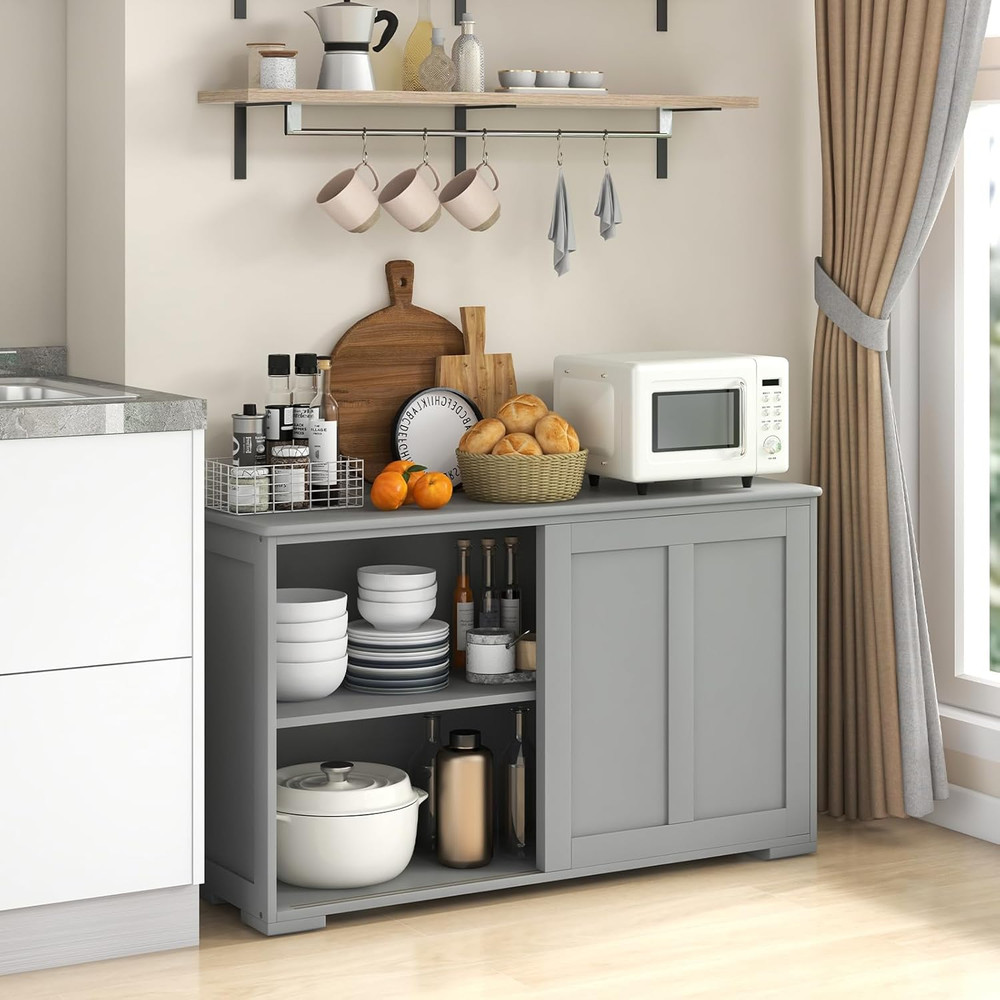 Grey Buffet Cabinet with Storage, Sliding Door & Adjustable Shelves
