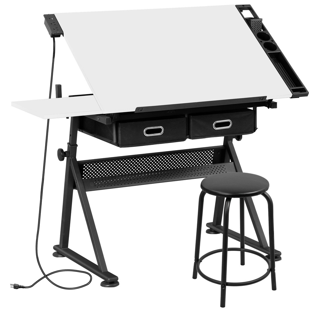 Adjustable Drafting Table Tilting Drawing Desk w/Charging Station & Stool White