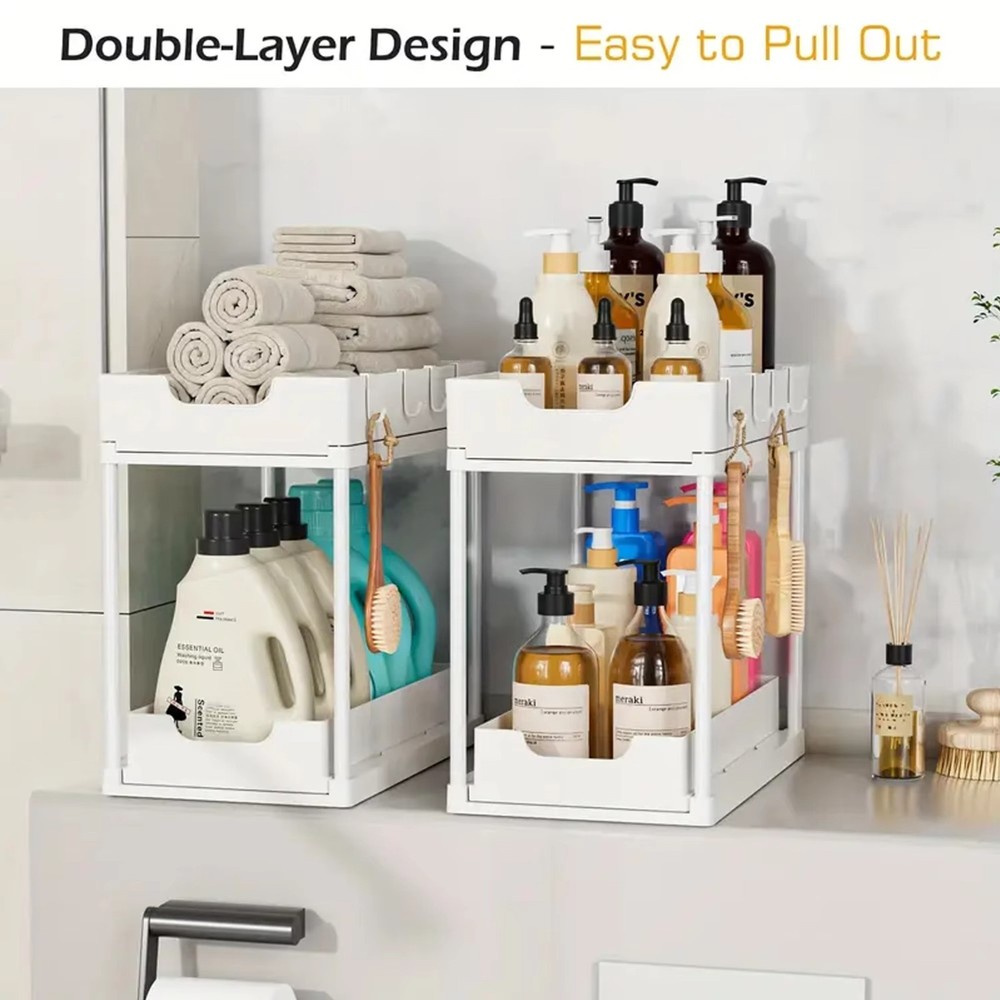 Double Layer Pull Out Kitchen Storage Rack Under Sink Organizer with Hooks