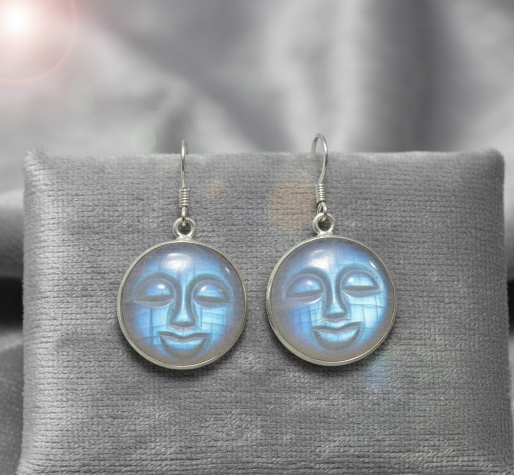 Solid 925 Sterling Silver Handcarved Rainbow Moonstone Moonface Dangle Earrings