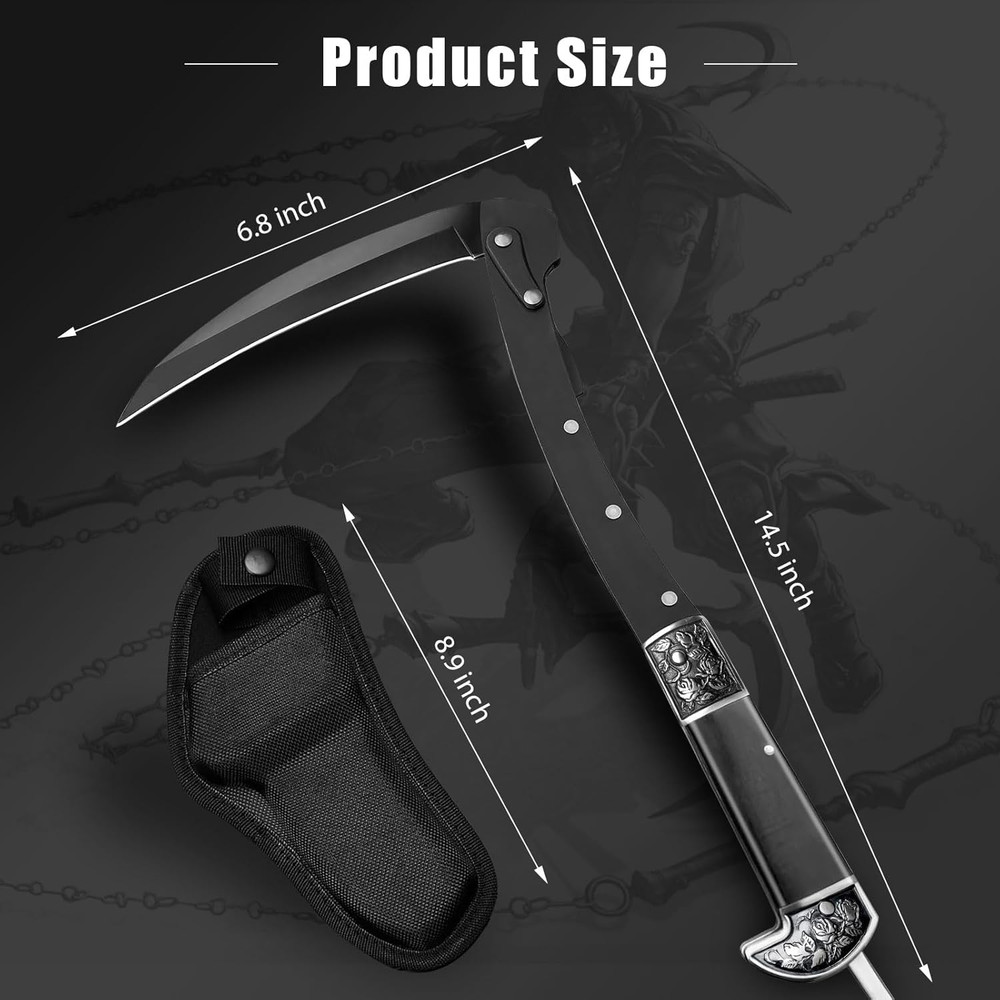 Black Sharp Folding Sickle Knife, Two Section Foldable Scythe Knife, Wooden Hand