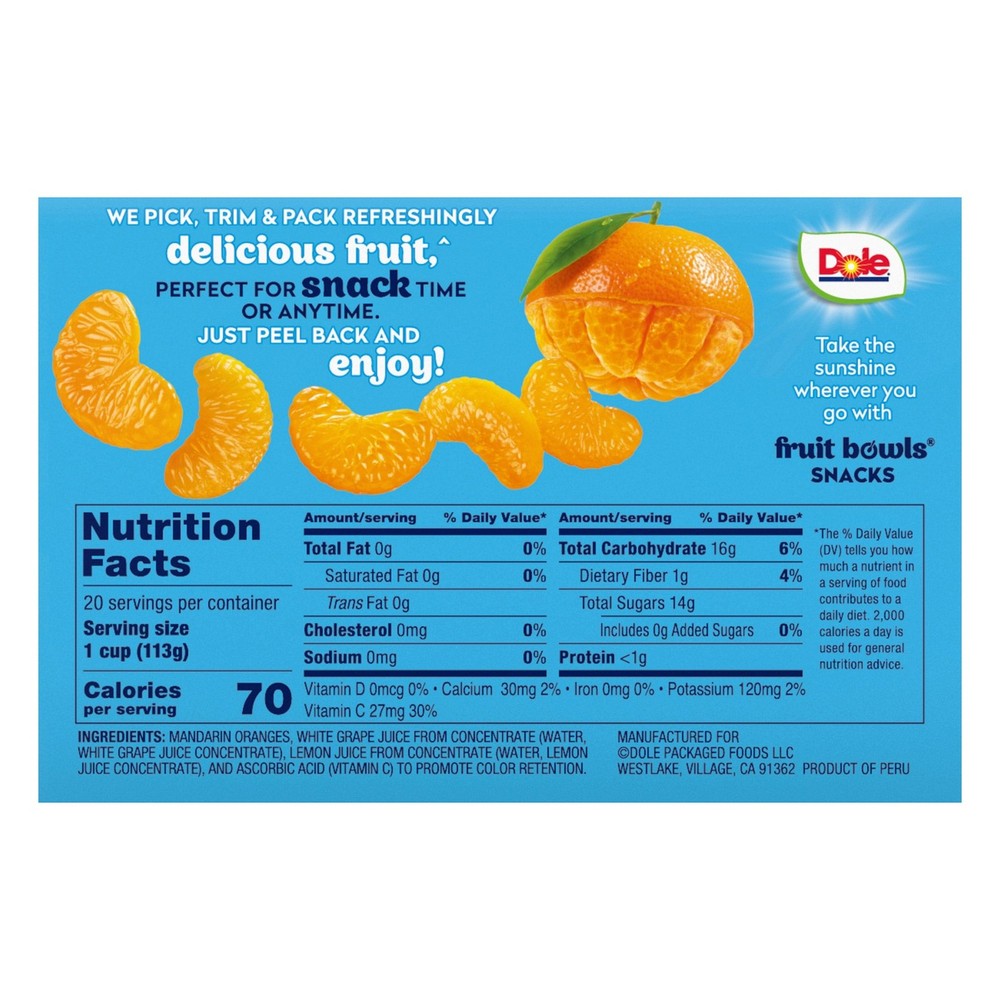 Dole Mandarin Oranges Fruit Bowl Cups, 4 oz, 20-count