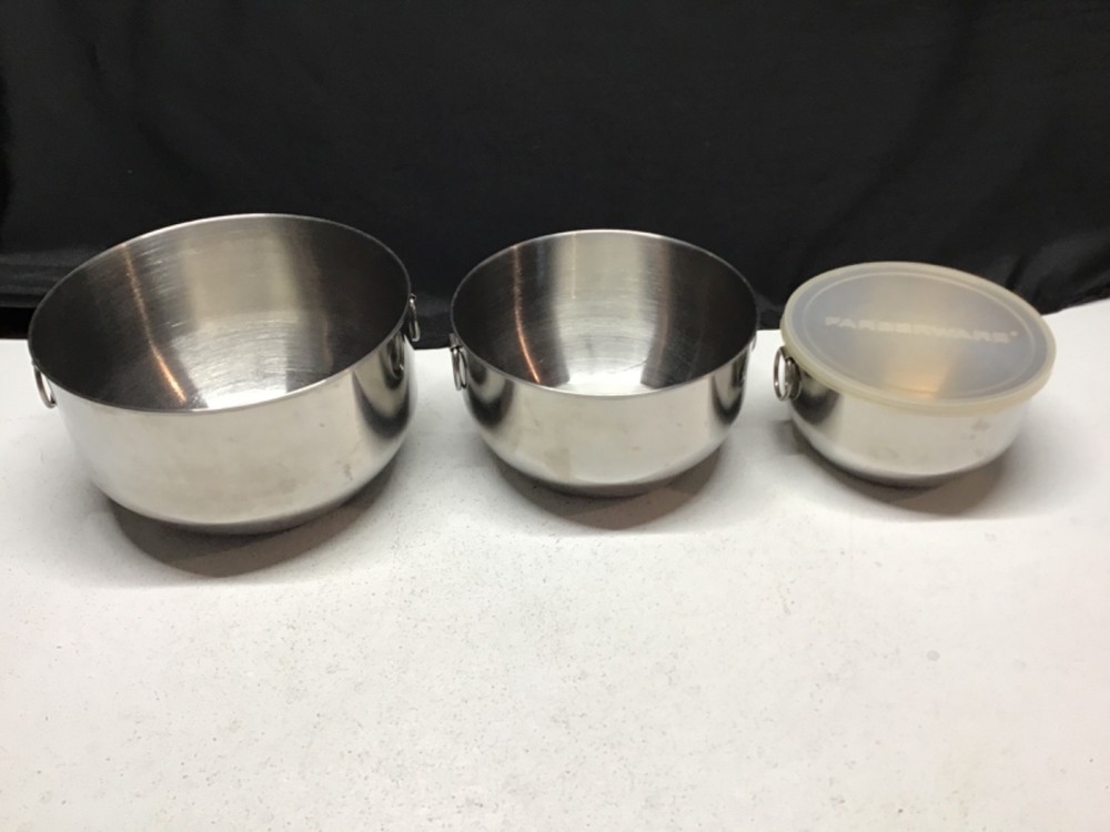 VTG 3pc Farberware Bowl Stainless Thumb Ring MixingNesting Serve