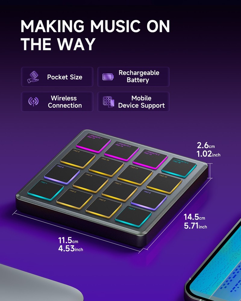 Donner STARRYPAD MINI MIDI Drum Pad Controller | USB & Wireless 16 RGB Pads Grey