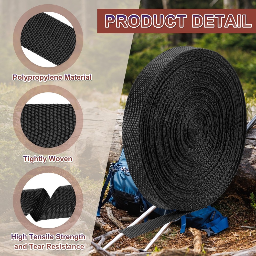 Nylon Webbing Strap, 22 Yards x 3/4" Polypropylene Flat Webbing Strap (Black)