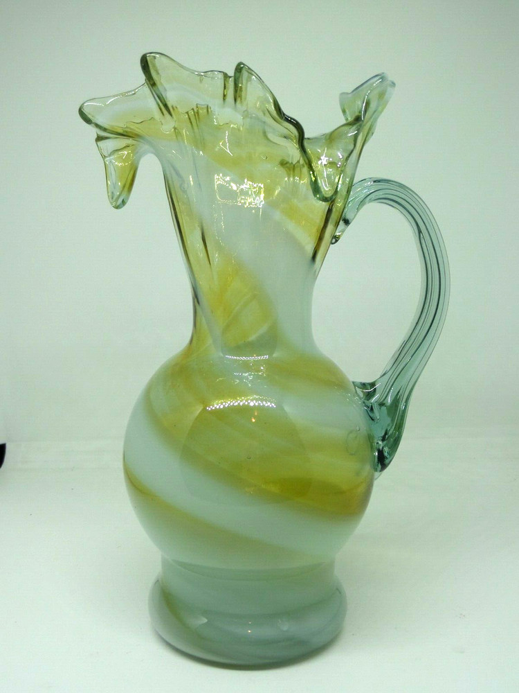 Art Glass Ruffled Pitcher Amber & White 7"