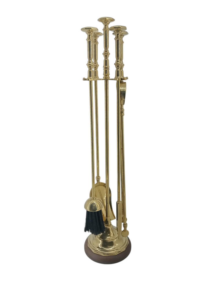 Fireplace Accessory Set Tool Kit Polished Brass Tripod Wood Base