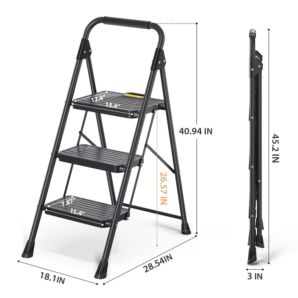 TOOLF 3 Step Ladder, Sturdy Steel Stool with 3 Black