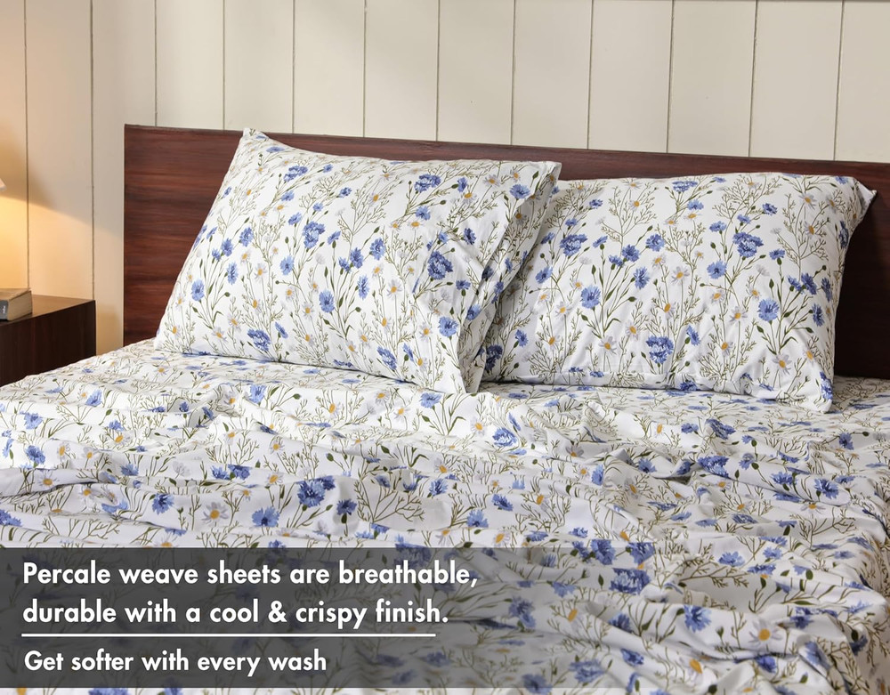 100% Cotton Sheets – Full Size Percale Bedding, Cooling & Breathable Floral Desi